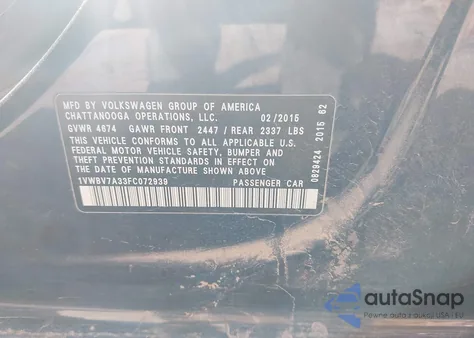 2015 Volkswagen Passat 2.0L Tdi Se z USA, uszkodzony, nr VIN 1VWBV7A33FC072939